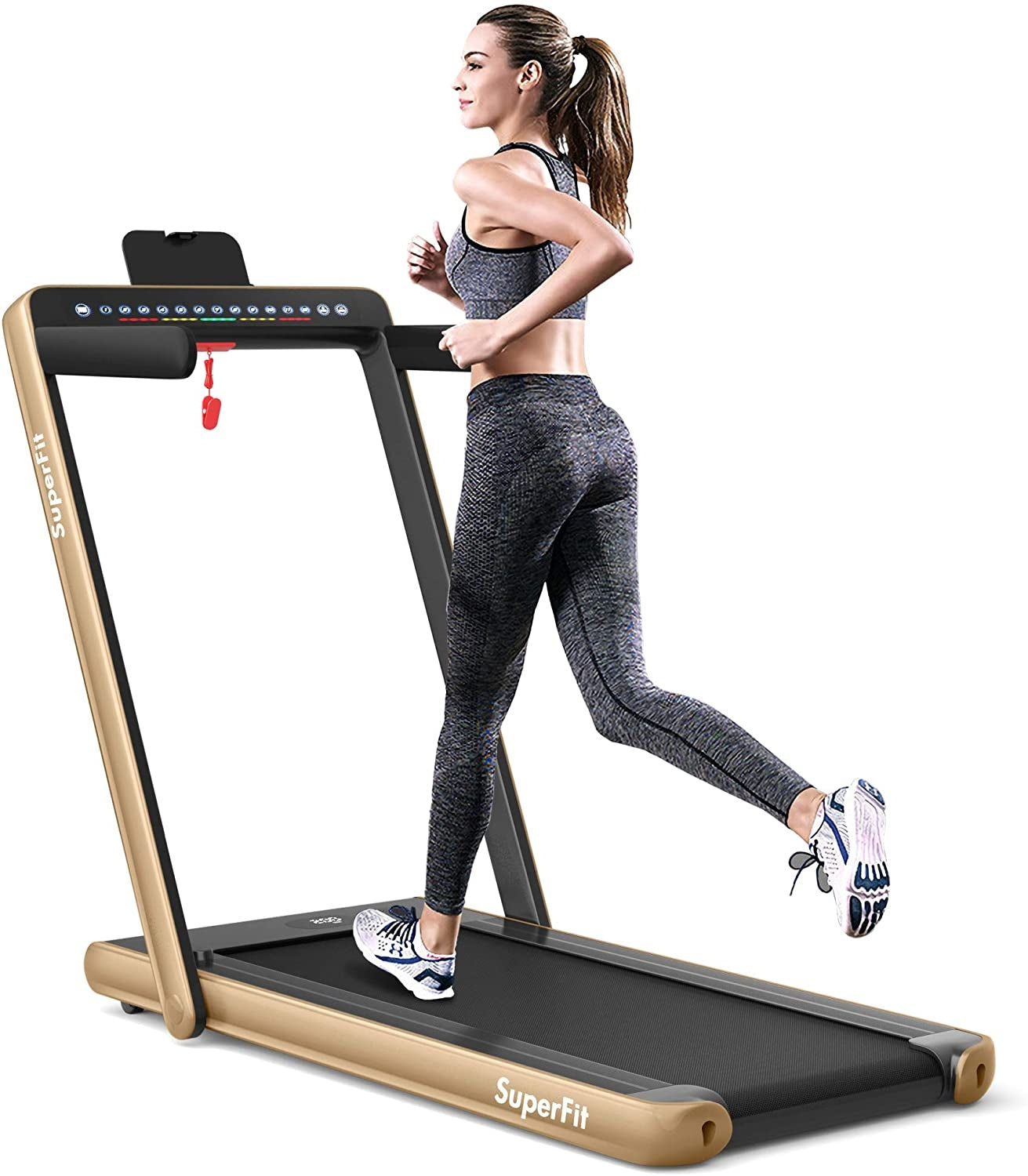 2-in-1 Electric Motorized Health and Fitness Folding Treadmill with Dual Display and Speaker-Yellow