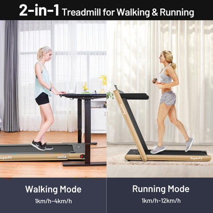 2-in-1 Electric Motorized Health and Fitness Folding Treadmill with Dual Display and Speaker-Yellow