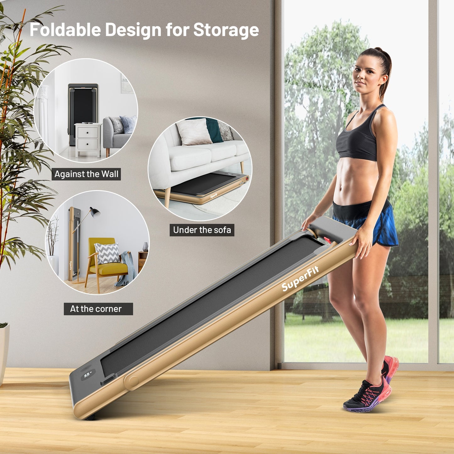 2-in-1 Electric Motorized Health and Fitness Folding Treadmill with Dual Display and Speaker-Yellow