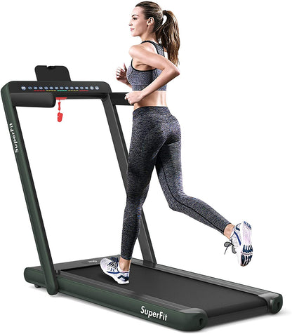 2-in-1 Electric Motorized Health and Fitness Folding Treadmill with Dual Display and Speaker-Green