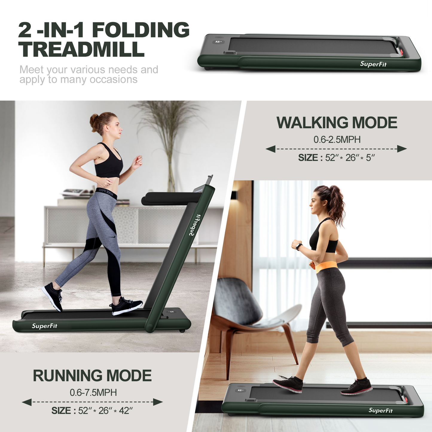 2-in-1 Electric Motorized Health and Fitness Folding Treadmill with Dual Display and Speaker-Green