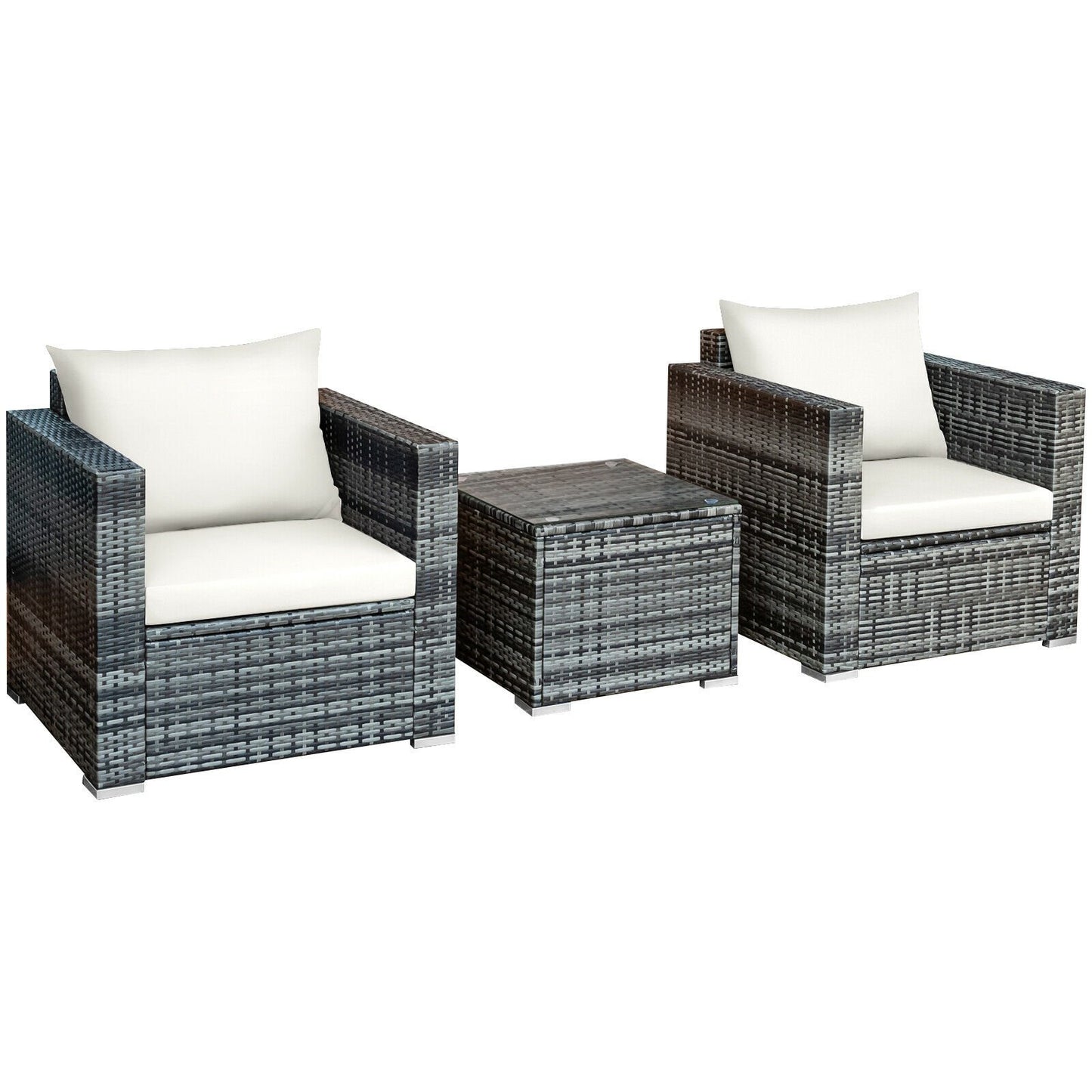 3 Pieces Patio Rattan Furniture Bistro Sofa Set with Cushioned-Gray