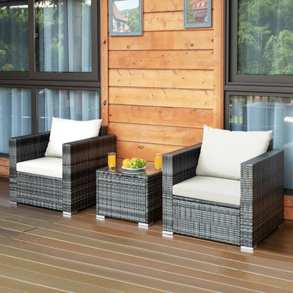3 Pieces Patio Rattan Furniture Bistro Sofa Set with Cushioned-Gray