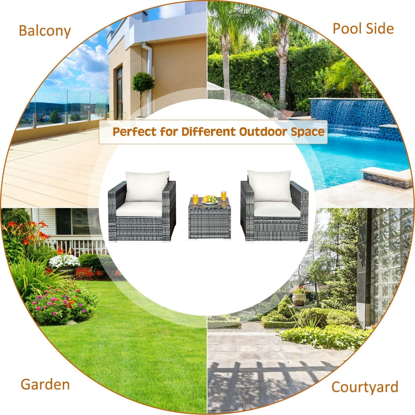 3 Pieces Patio Rattan Furniture Bistro Sofa Set with Cushioned-Gray