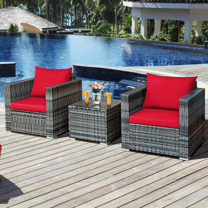 3 Pieces Patio Rattan Furniture Bistro Sofa Set with Cushioned-Gray