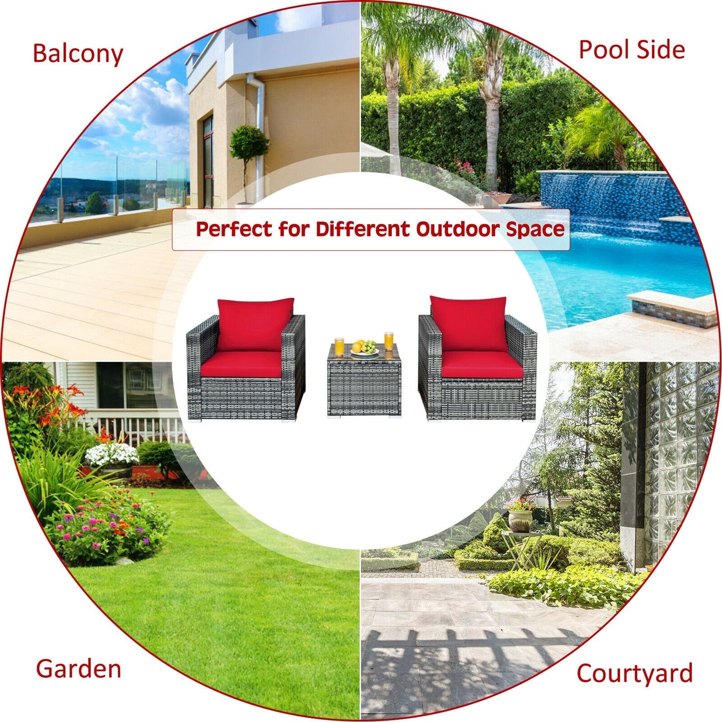 3 Pieces Patio Rattan Furniture Bistro Sofa Set with Cushioned-Gray