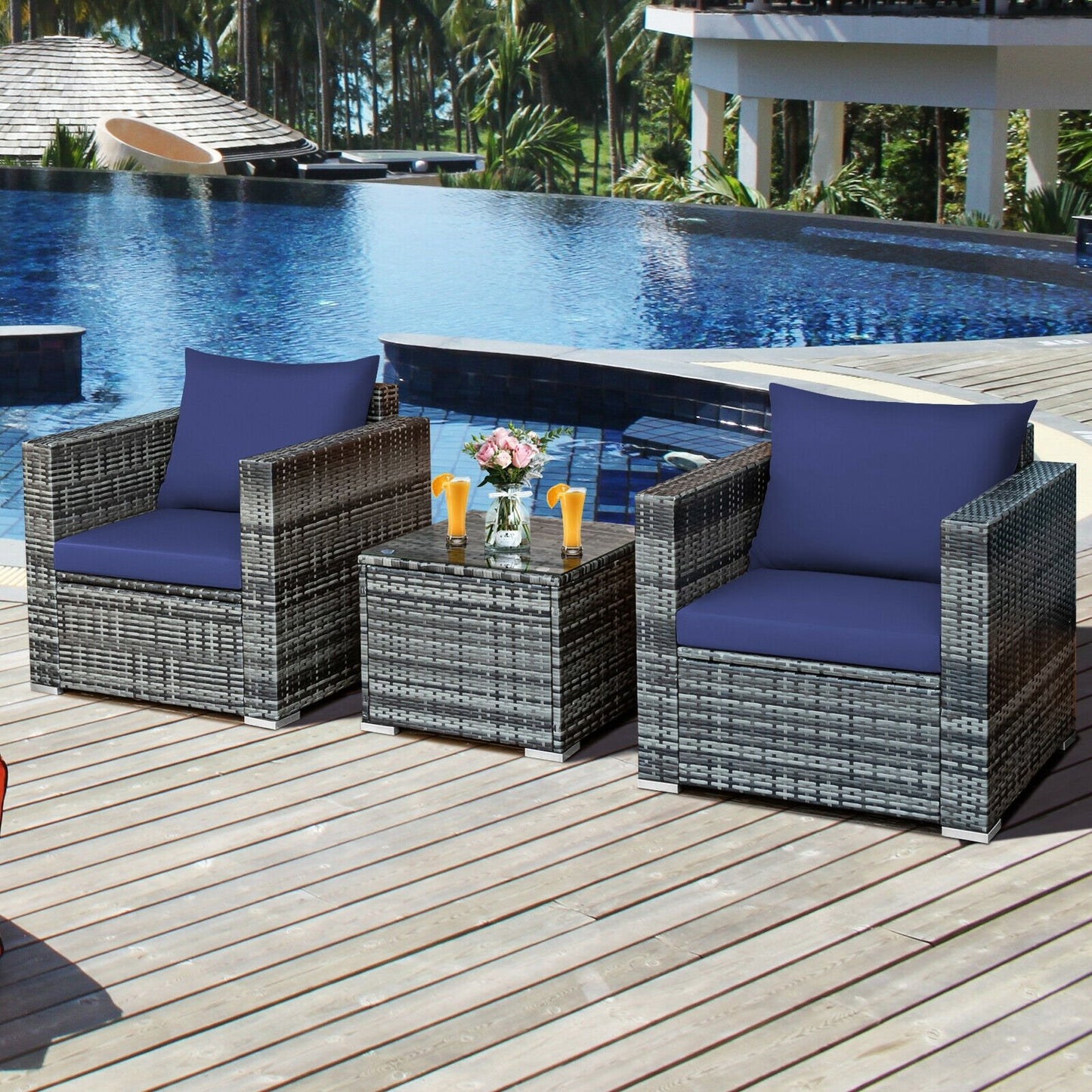 3 Pieces Patio Rattan Furniture Bistro Sofa Set with Cushioned-Gray