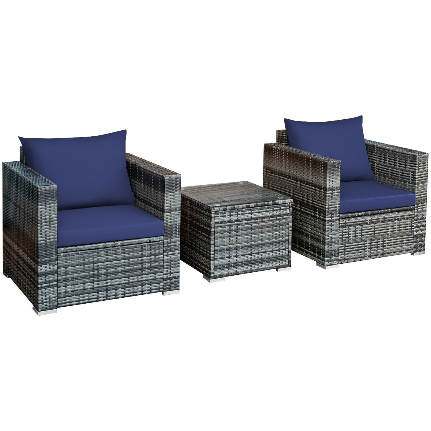 3 Pieces Patio Rattan Furniture Bistro Sofa Set with Cushioned-Gray