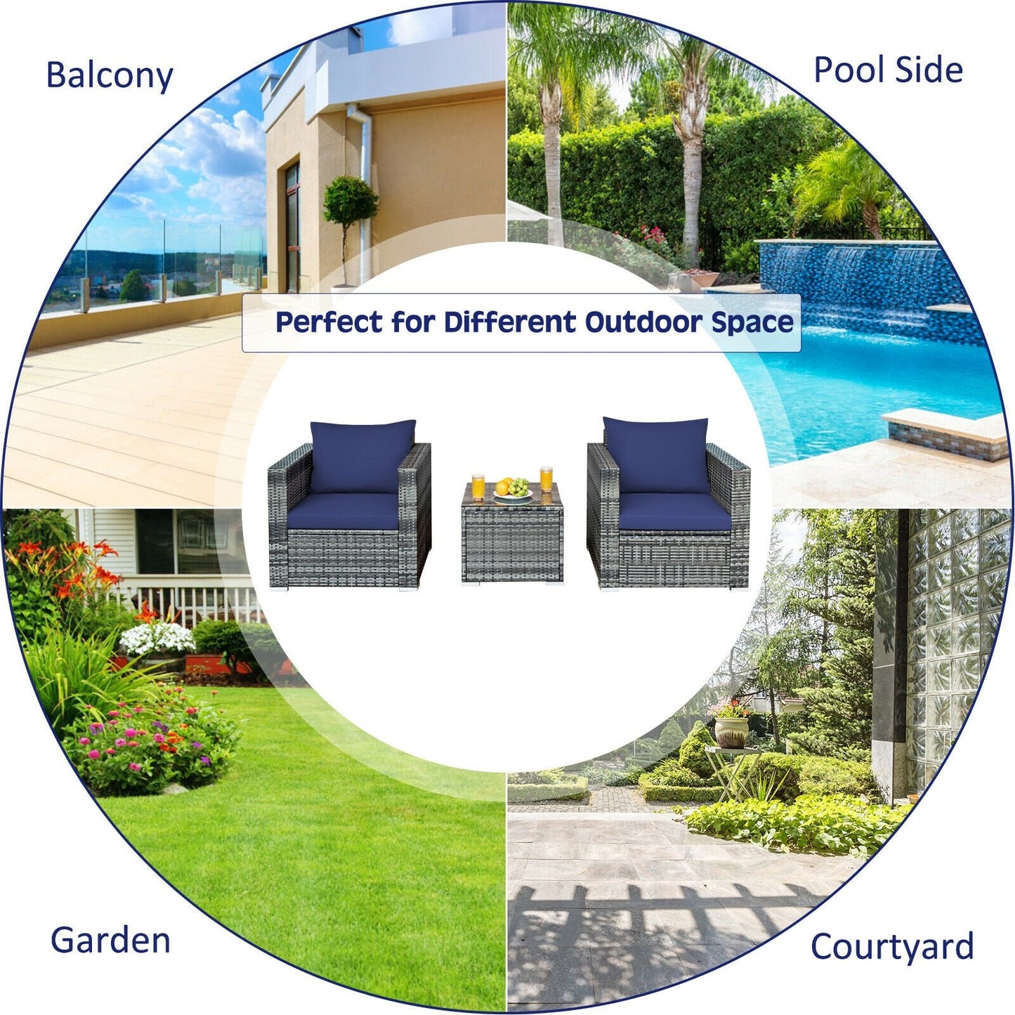 3 Pieces Patio Rattan Furniture Bistro Sofa Set with Cushioned-Gray
