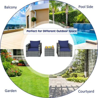 3 Pieces Patio Rattan Furniture Bistro Sofa Set with Cushioned-Gray