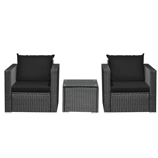 3 Pieces Patio Wicker Conversation Set with Cushion-Black