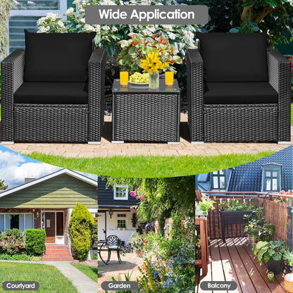 3 Pieces Patio Wicker Conversation Set with Cushion-Black