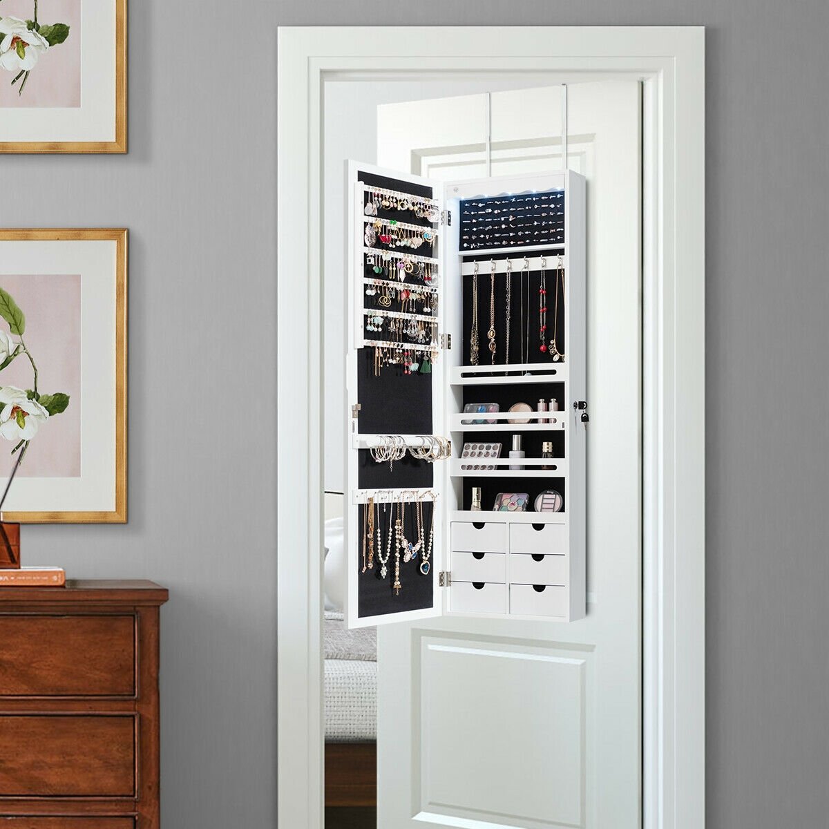 Lockable Wall Mounted Mirror Jewelry Armoire with 5 LEDs and 6 Drawers-Black