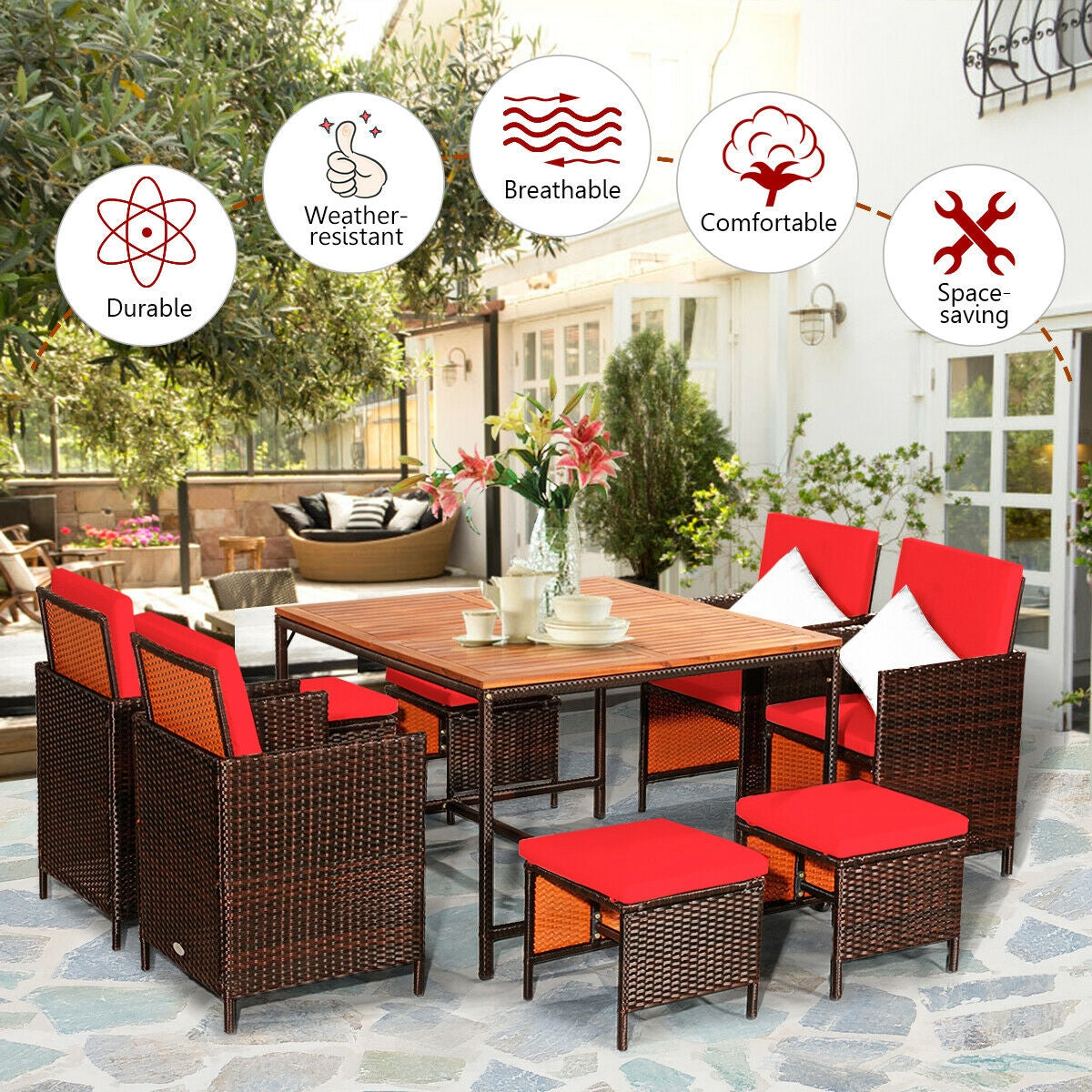 9PCS Patio Rattan Dining Cushioned Chairs Set-Red