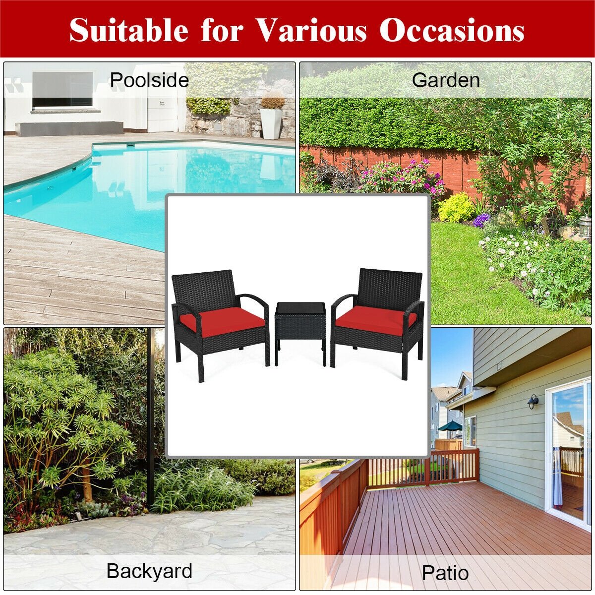 3 Pieces Outdoor Rattan Patio Conversation Set with Seat Cushions-Gray