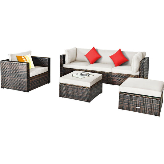 6 Pieces Patio Rattan Furniture Set with Sectional Cushion-White