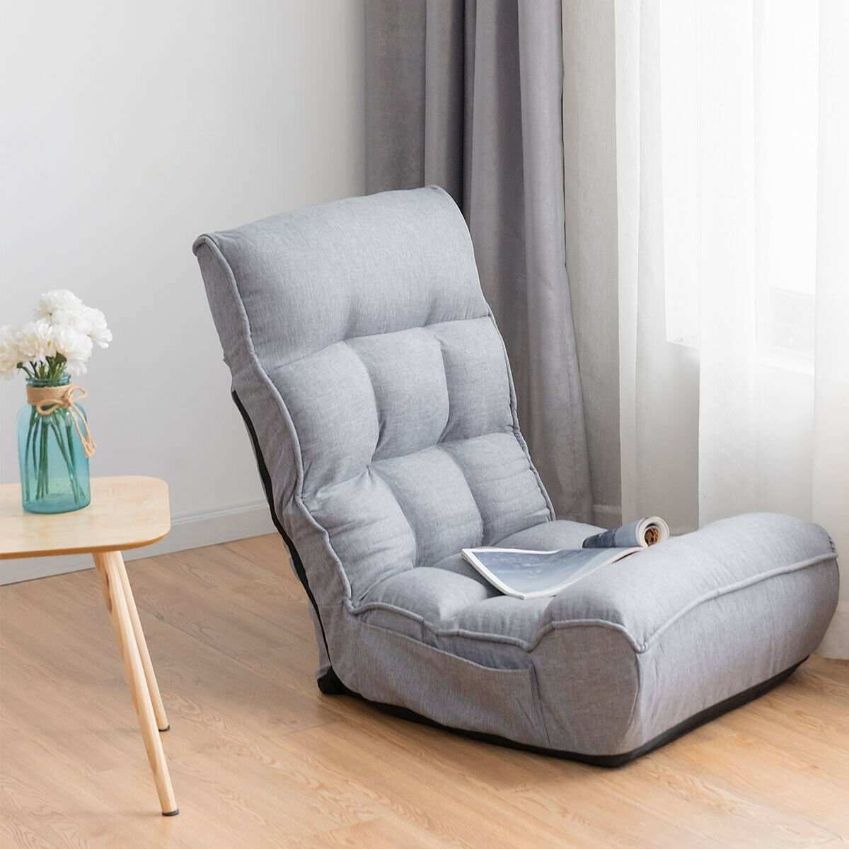 4-Position Adjustable Floor Chair Folding Lazy Sofa-Gray