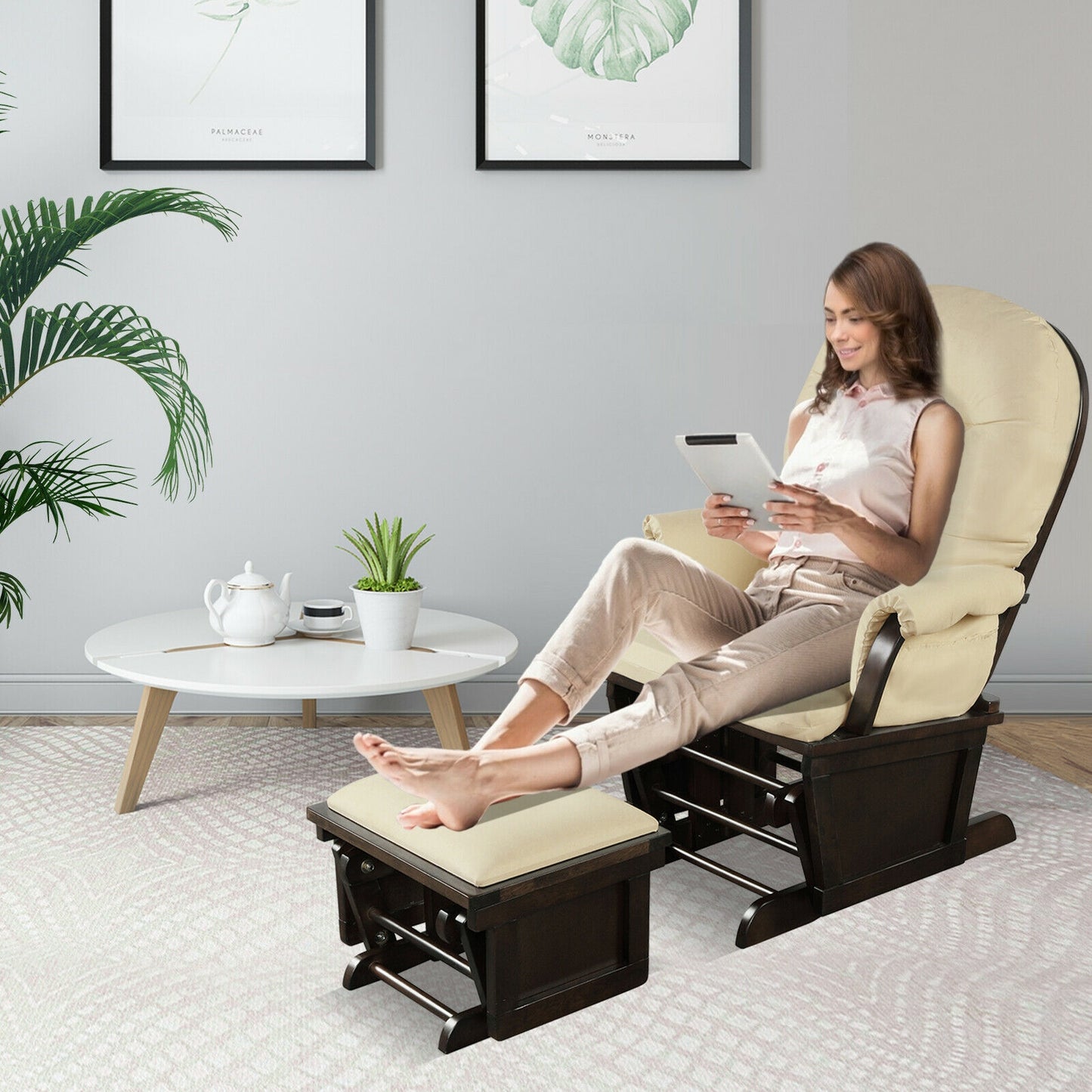 Wood Baby Glider and Ottoman Cushion Set with Padded Armrests for Nursing-Beige
