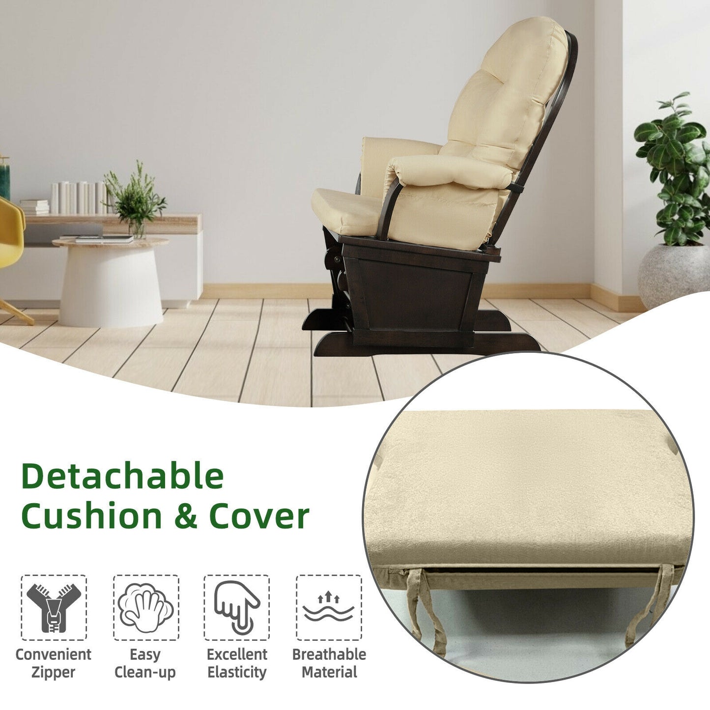 Wood Baby Glider and Ottoman Cushion Set with Padded Armrests for Nursing-Beige