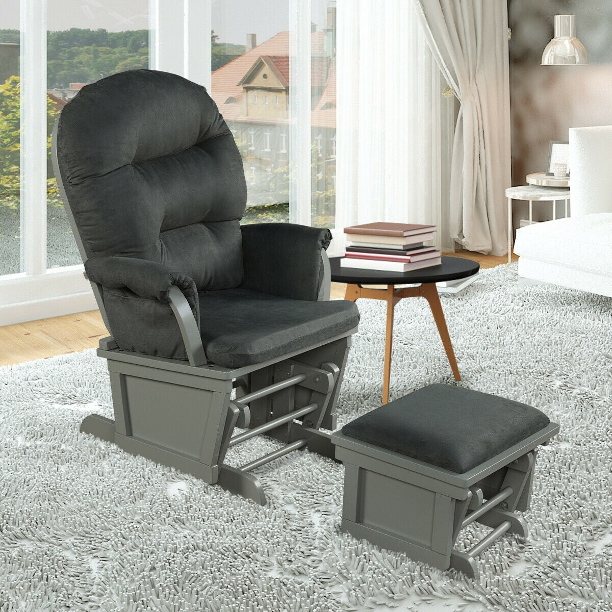 Wood Baby Glider and Ottoman Cushion Set with Padded Armrests for Nursing-Gray