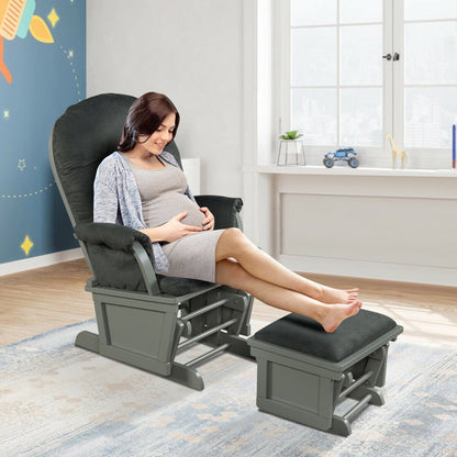 Wood Baby Glider and Ottoman Cushion Set with Padded Armrests for Nursing-Beige
