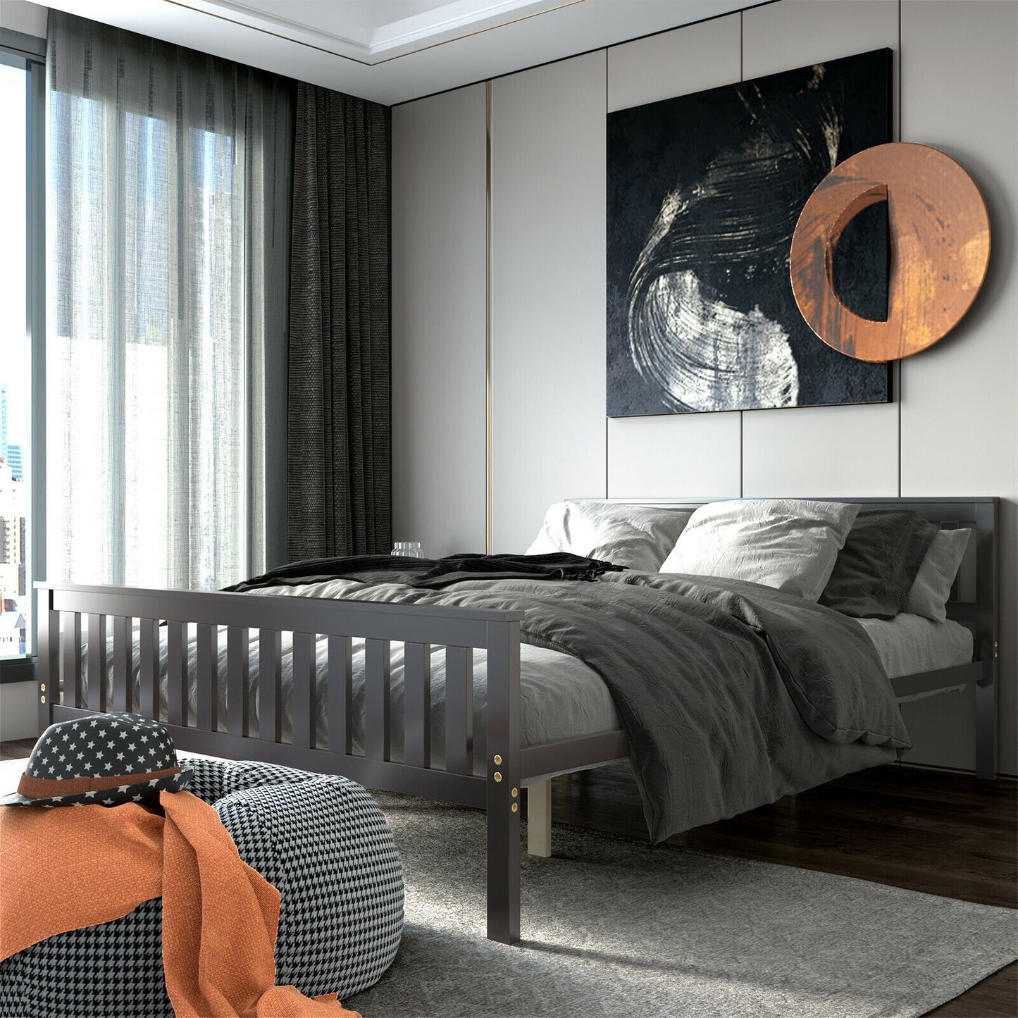 Full Size Wood Platform Bed with Headboard