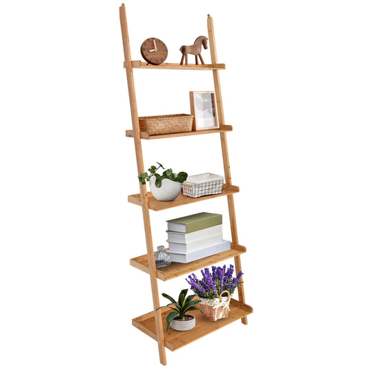 5-Tier Ladder Shelf Bamboo Bookshelf Wall-Leaning Storage Display Plant Stand-Natural