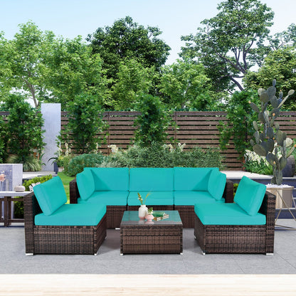 6 Pieces Patio Rattan Furniture Set with Cushions and Glass Coffee Table-Black