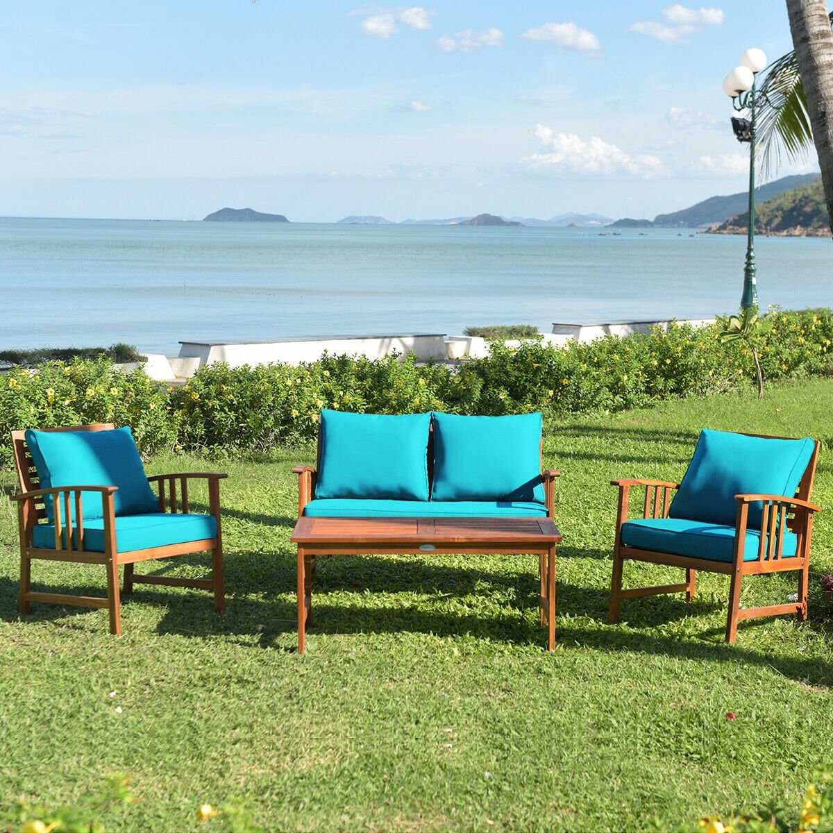 4 Pieces Wooden Patio Furniture Set with Table and Sofa Chair