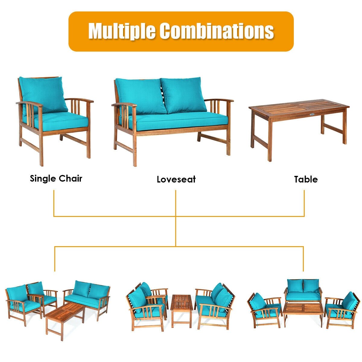 4 Pieces Wooden Patio Furniture Set with Table and Sofa Chair