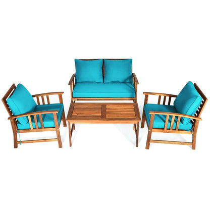 4 Pieces Wooden Patio Furniture Set with Table and Sofa Chair