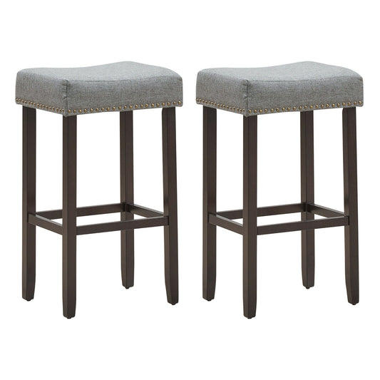 Set of 2 Nailhead Saddle Bar Stools with 29 Inch Height-Gray