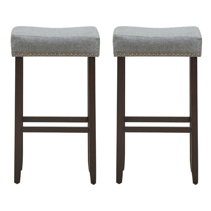 Set of 2 Nailhead Saddle Bar Stools with 29 Inch Height-Gray