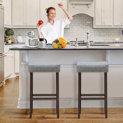 Set of 2 Nailhead Saddle Bar Stools with 29 Inch Height-Gray