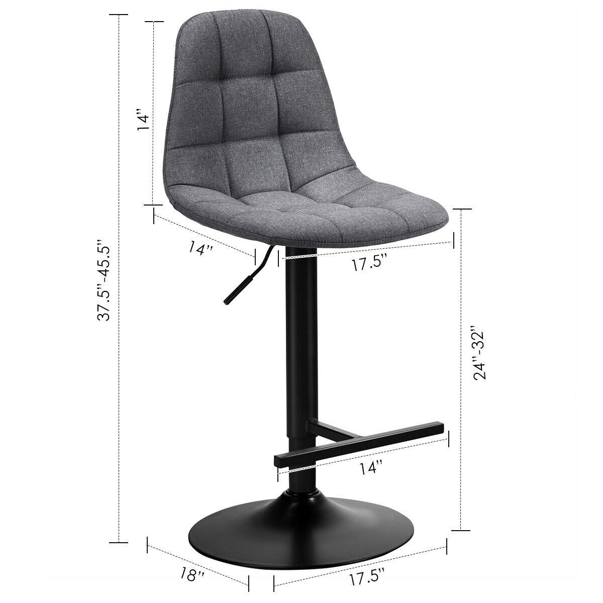 2 Pieces Adjustable Bar Stools Swivel Counter Height Linen Chairs-Gray
