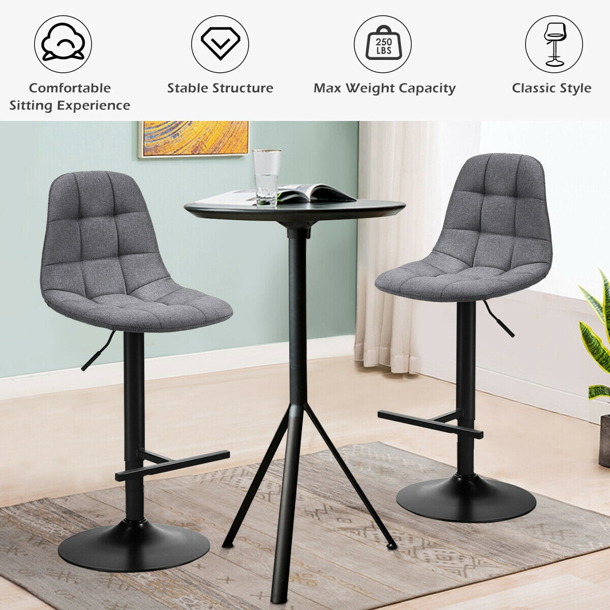 2 Pieces Adjustable Bar Stools Swivel Counter Height Linen Chairs-Gray