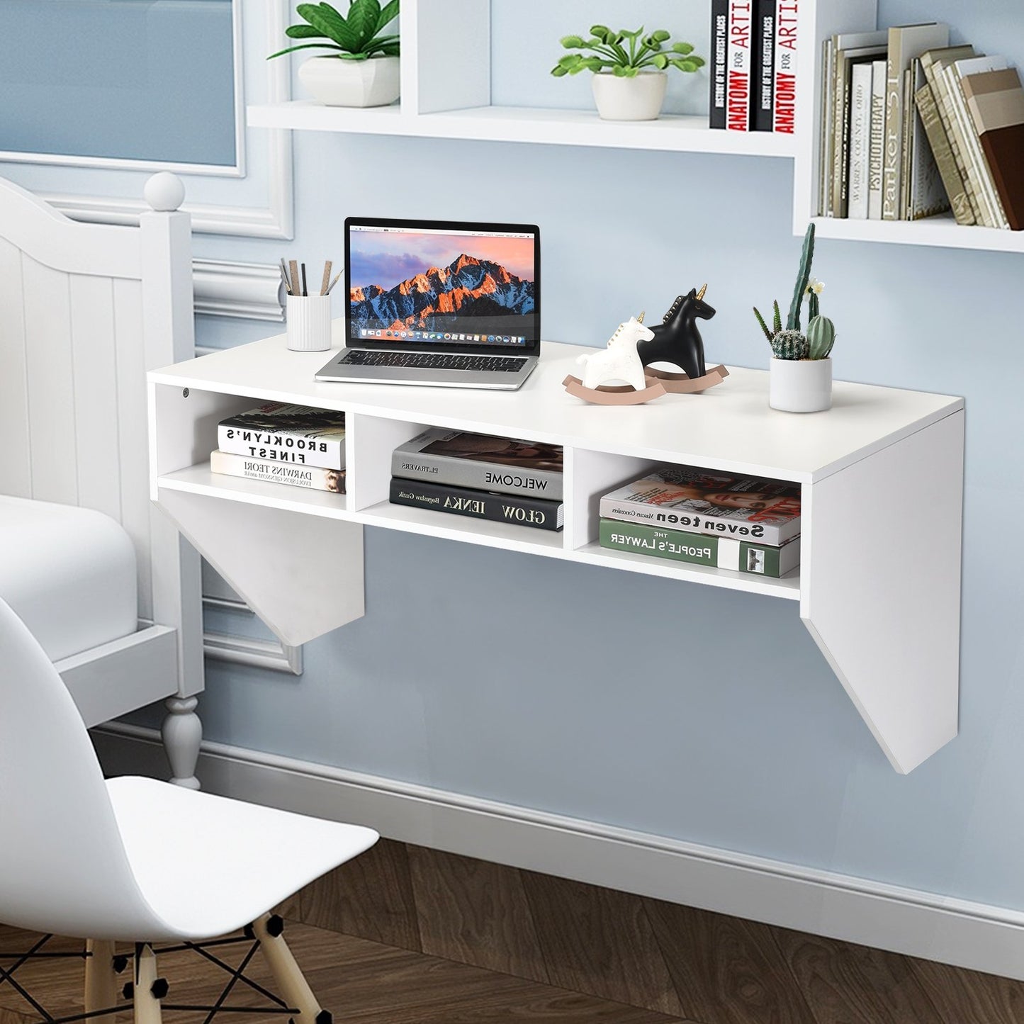 Wall Mounted Floating Sturdy Computer Table with Storage Shelf-Black