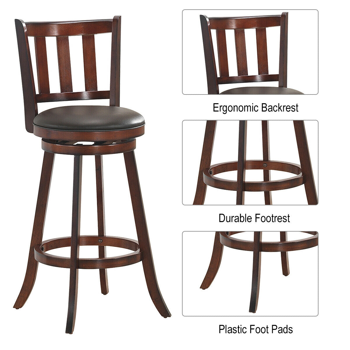 Set of 2 Wood Swivel Counter Height Dining Pub Bar Stools with PVC Cushioned Seat-29 Inch