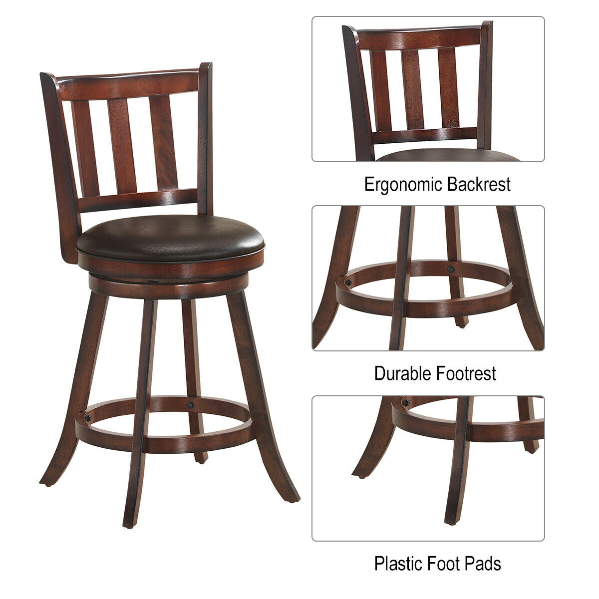 Set of 2 Wood Swivel Counter Height Dining Pub Bar Stools with PVC Cushioned Seat-25 Inch