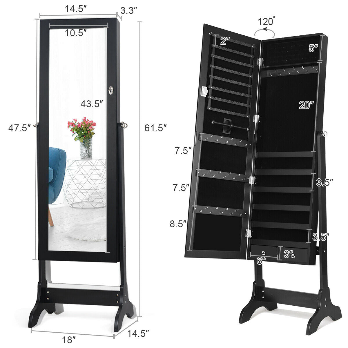 Lockable Mirrored Jewelry Cabinet Armoire Storage Organizer Box-Black