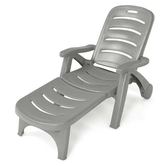 5 Position Adjustable Folding Lounger Chaise Chair on Wheels-Gray