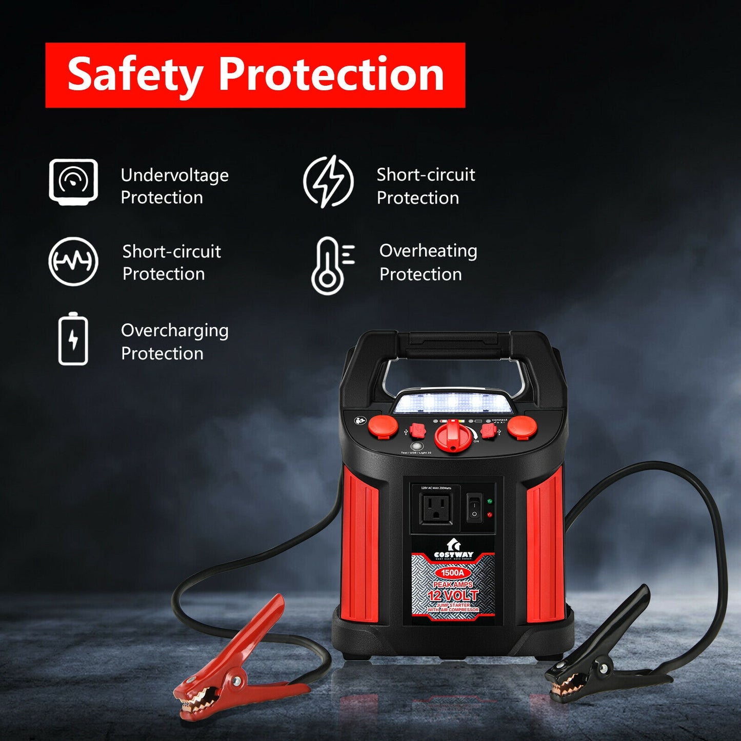 Jump Starter Air Compressor Power Bank Charger with LED Light and DC Outlet