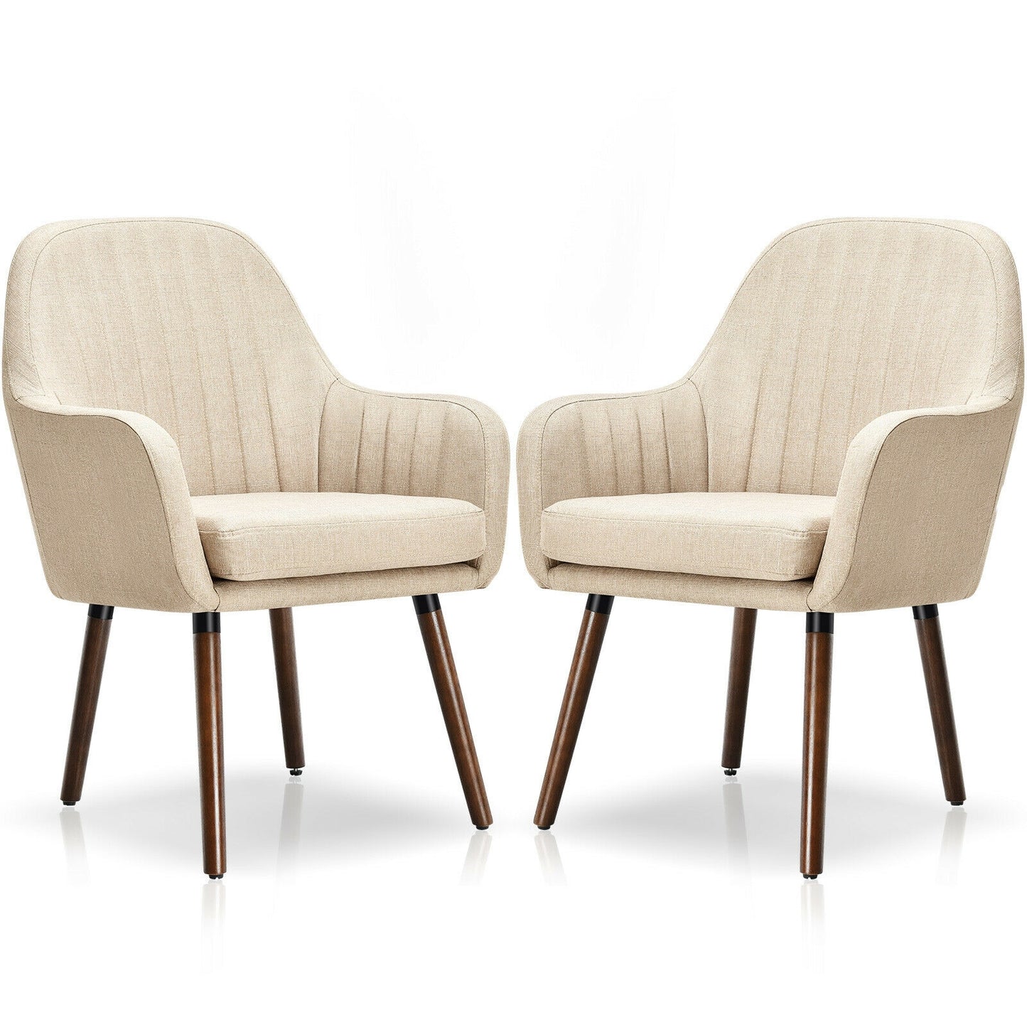 Set of 2 Fabric Upholstered Accent Chairs with Wooden Legs-Beige