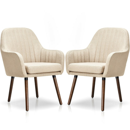 Set of 2 Fabric Upholstered Accent Chairs with Wooden Legs-Beige