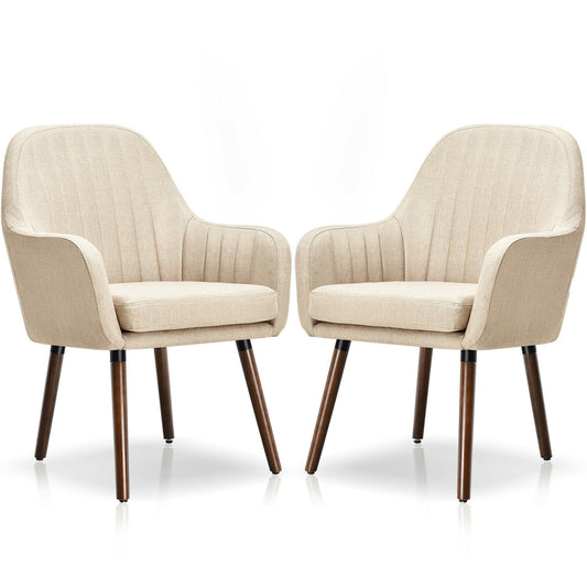 Set of 2 Fabric Upholstered Accent Chairs with Wooden Legs-Beige
