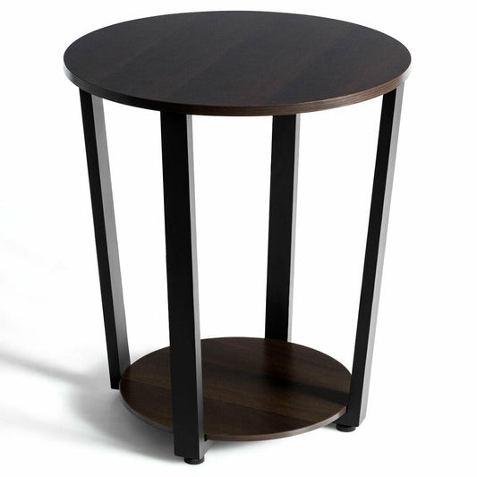 2-Tier Round End Table with Storage Shelf & Metal Frame-Walnut