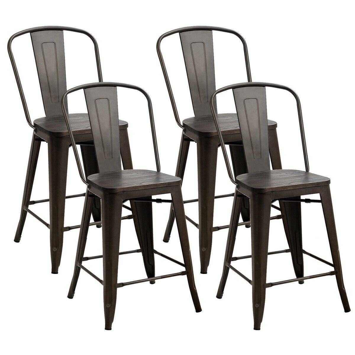 Set of 4 Industrial Metal Counter Stool Dining Chairs with Removable Backrests-Cooper