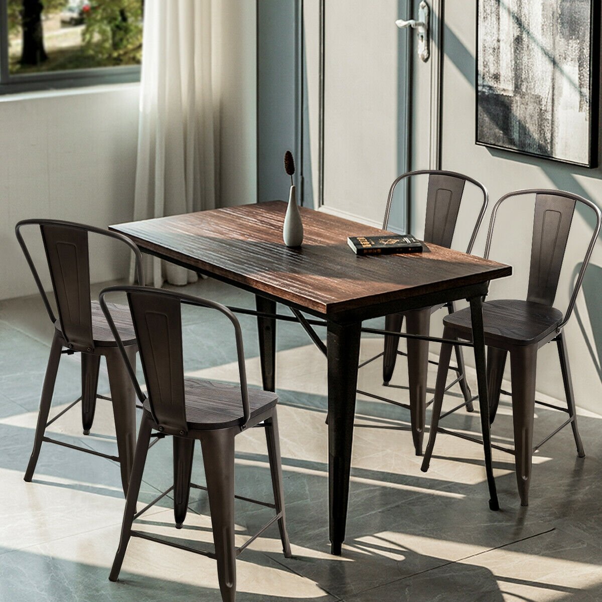 Set of 4 Industrial Metal Counter Stool Dining Chairs with Removable Backrests-Cooper
