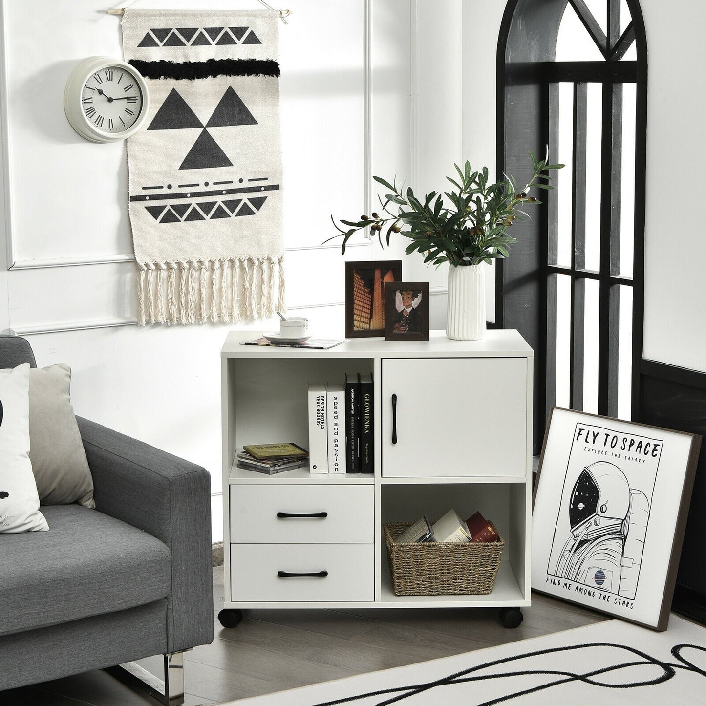 Mobile File Cabinet with Lateral Printer Stand and Storage Shelves-Brown