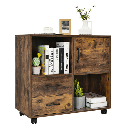 Mobile File Cabinet with Lateral Printer Stand and Storage Shelves-Brown